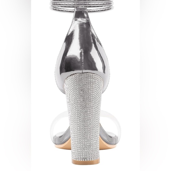 Women's Chunky High Rhinestone Heeled White Silver wrap Tie Heels - Picture 3 of 5